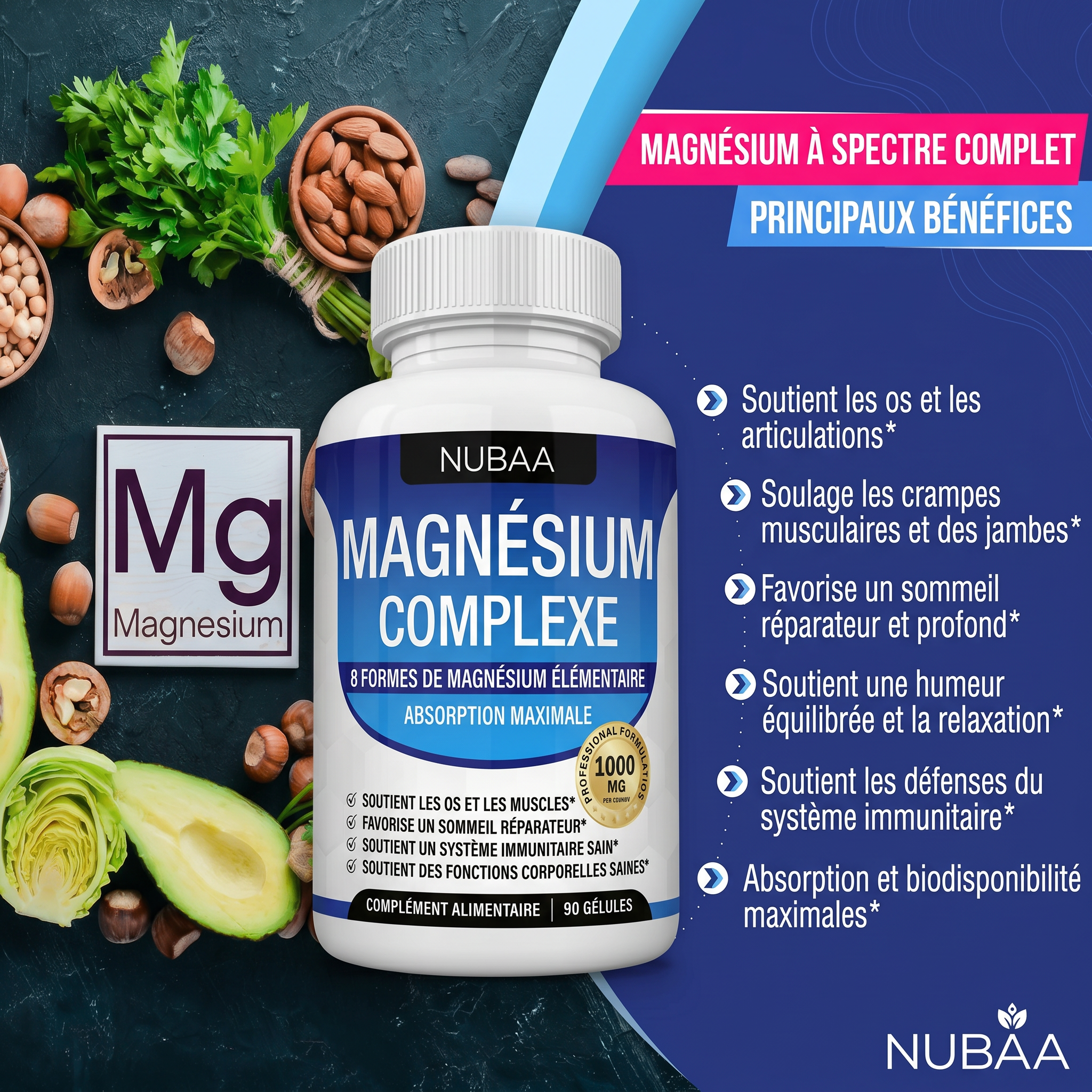 NUBAA magnésium formulation professionnelle 1000mg par portion